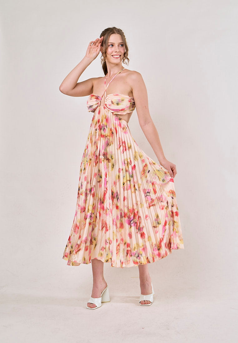 Taranis Multicolor Halter Pleated Sleeveless Floral Hollow Out Midi Dress