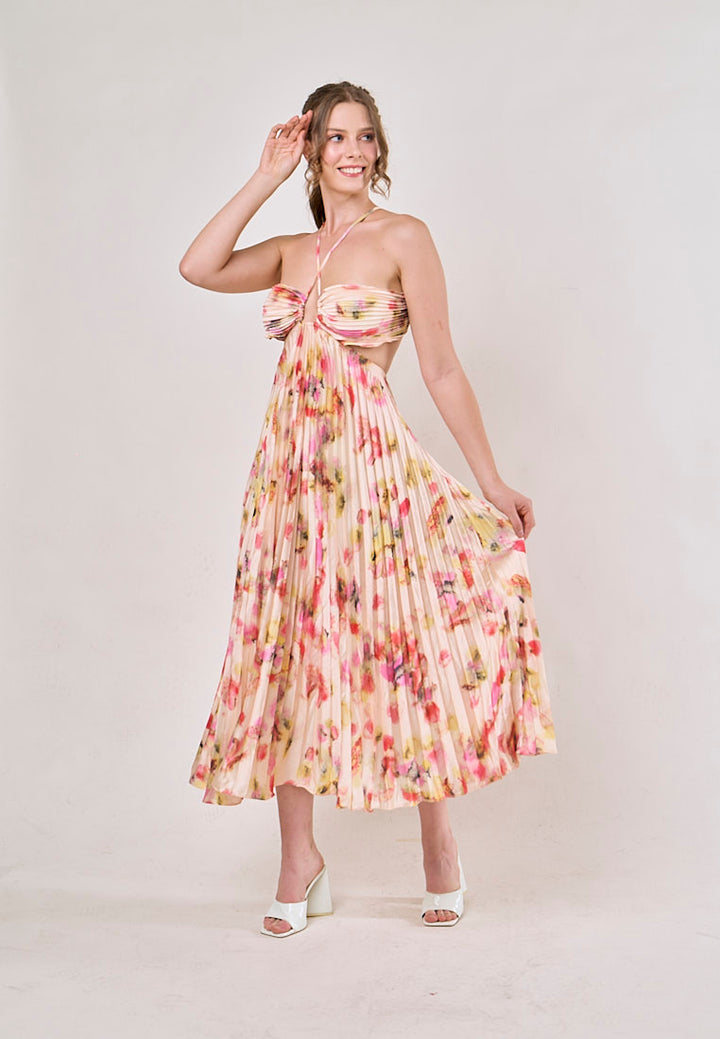 Taranis Multicolor Halter Pleated Sleeveless Floral Hollow Out Midi Dress
