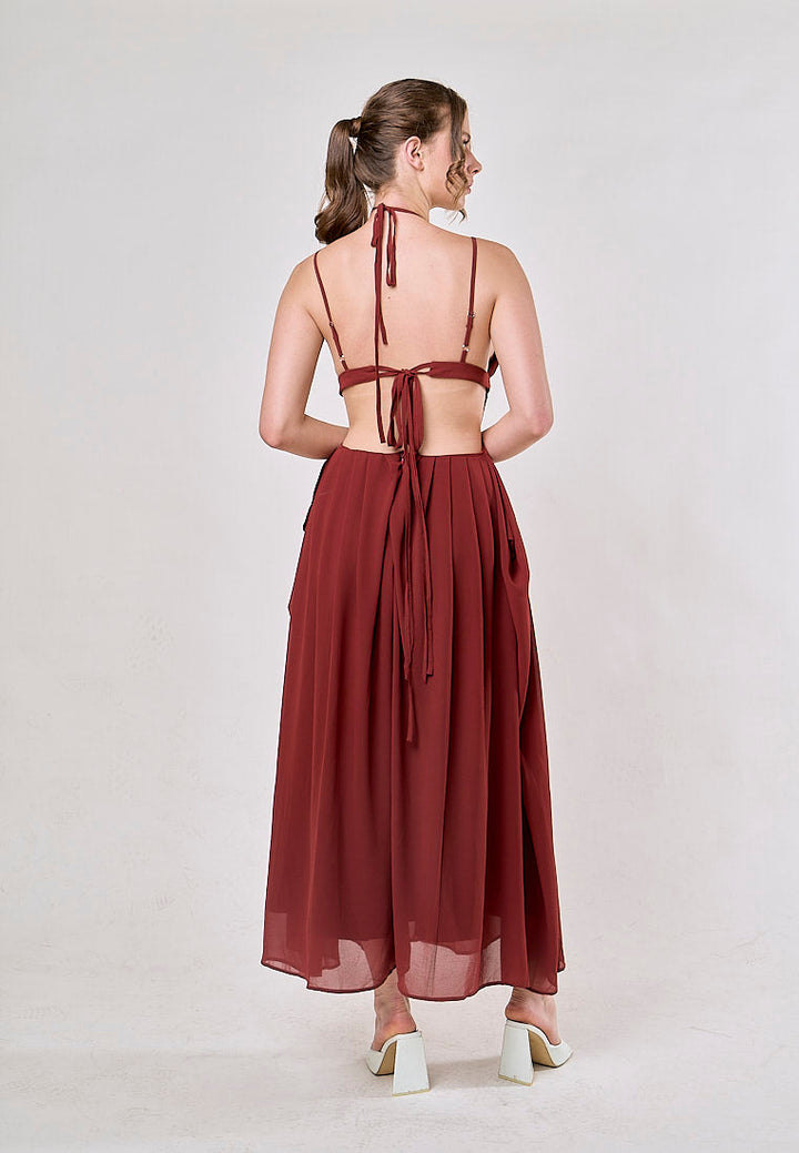 Horus Red Hollow Out Lace Slim Casual Midi Dress