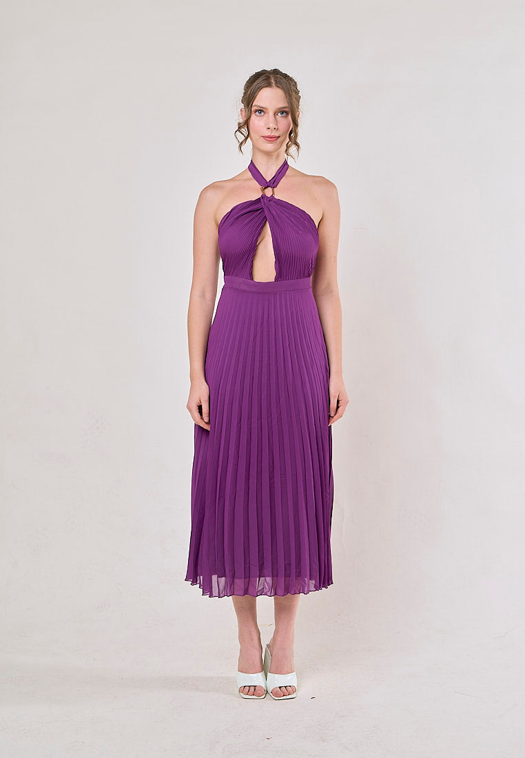 Brigid Violet Halter Neck Pleated Midi Dress