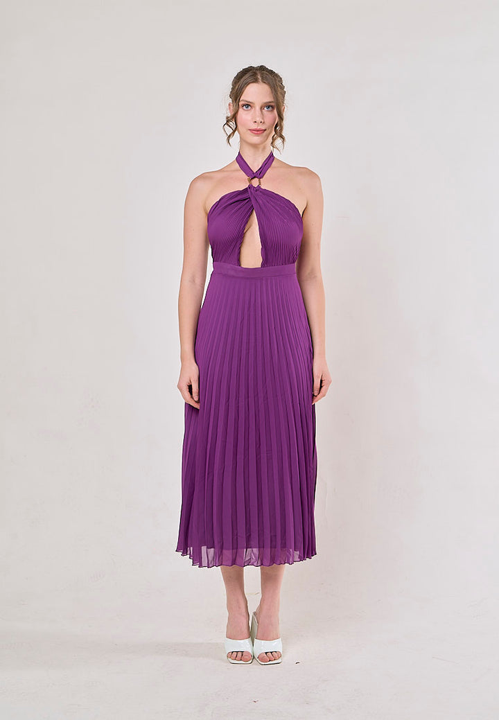 Brigid Violet Halter Neck Pleated Midi Dress