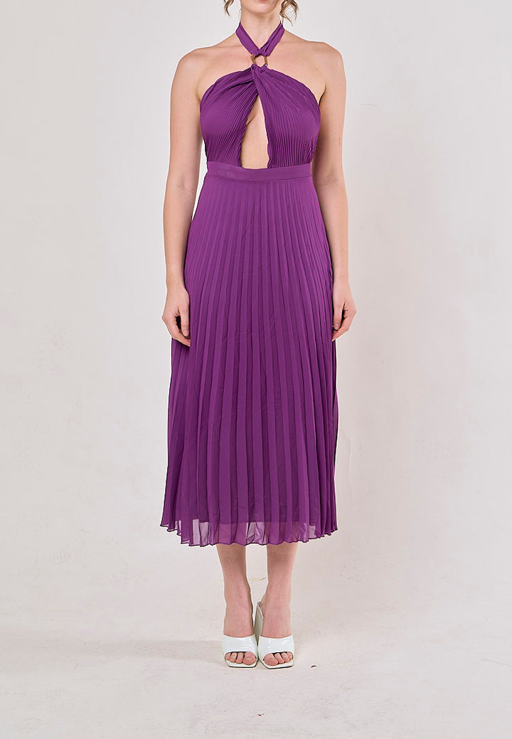 Brigid Violet Halter Neck Pleated Midi Dress