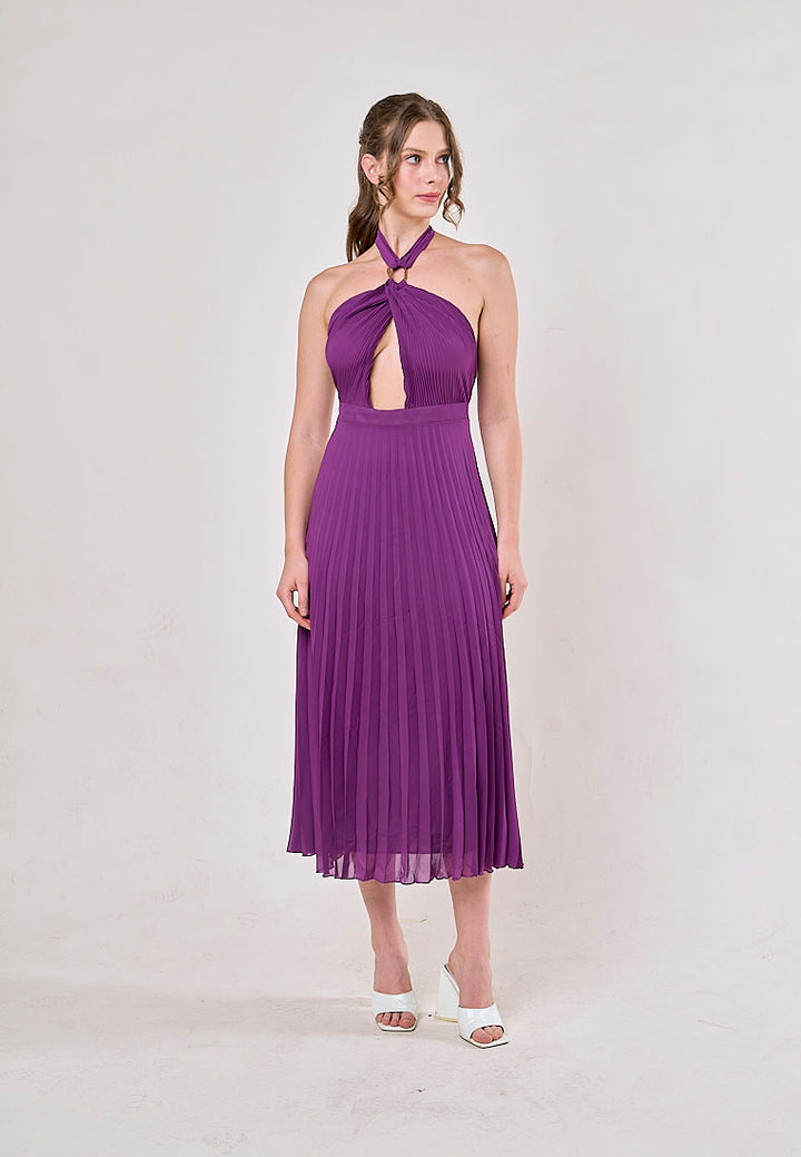 Brigid Violet Halter Neck Pleated Midi Dress