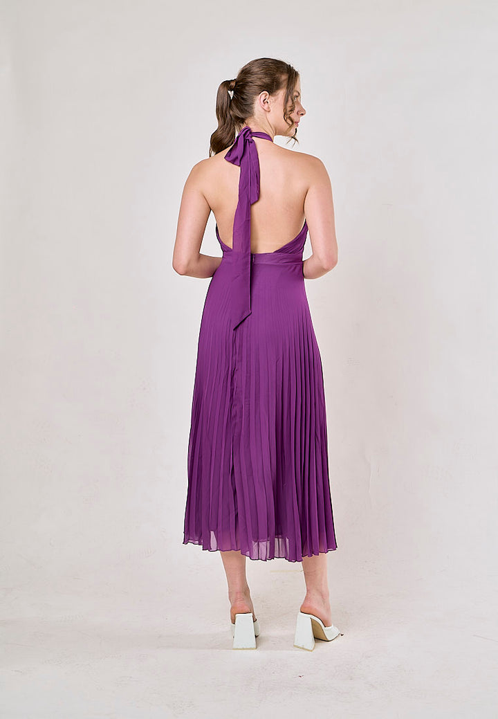 Brigid Violet Halter Neck Pleated Midi Dress
