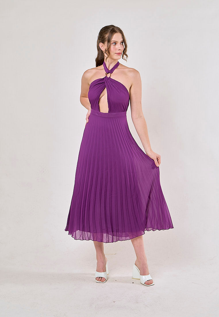 Brigid Violet Halter Neck Pleated Midi Dress