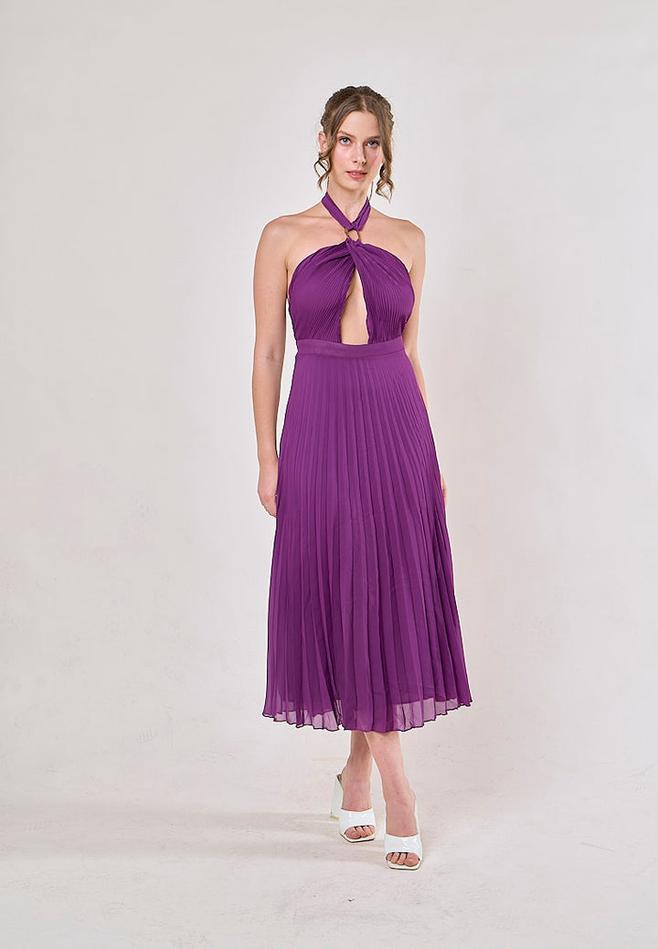 Brigid Violet Halter Neck Pleated Midi Dress