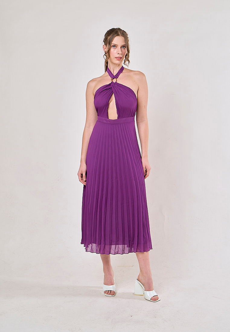 Brigid Violet Halter Neck Pleated Midi Dress