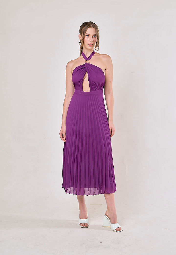 Brigid Violet Halter Neck Pleated Midi Dress