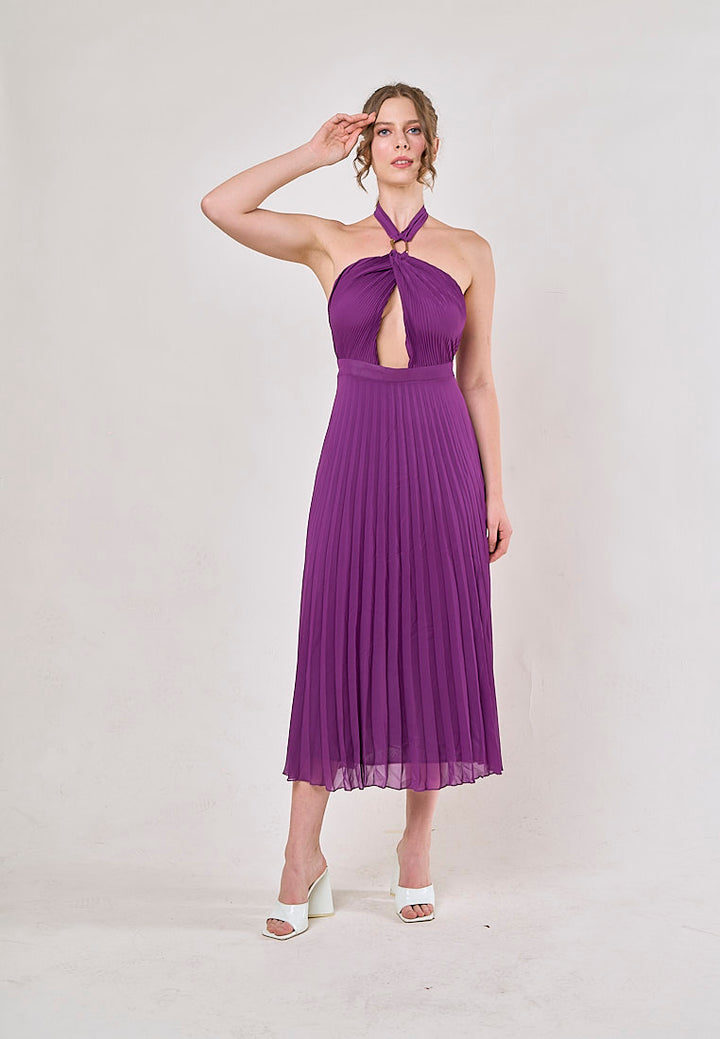 Brigid Violet Halter Neck Pleated Midi Dress