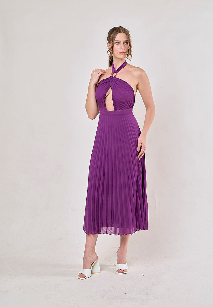Brigid Violet Halter Neck Pleated Midi Dress