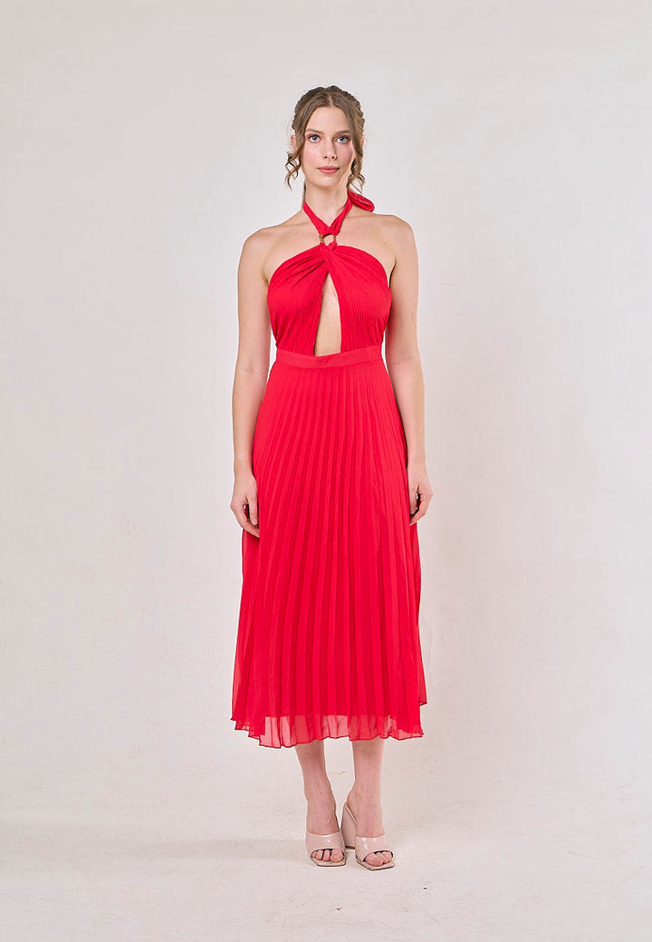 Brigid Red Halter Neck Pleated Midi Dress