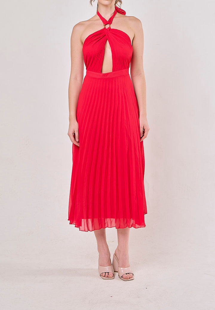 Brigid Red Halter Neck Pleated Midi Dress