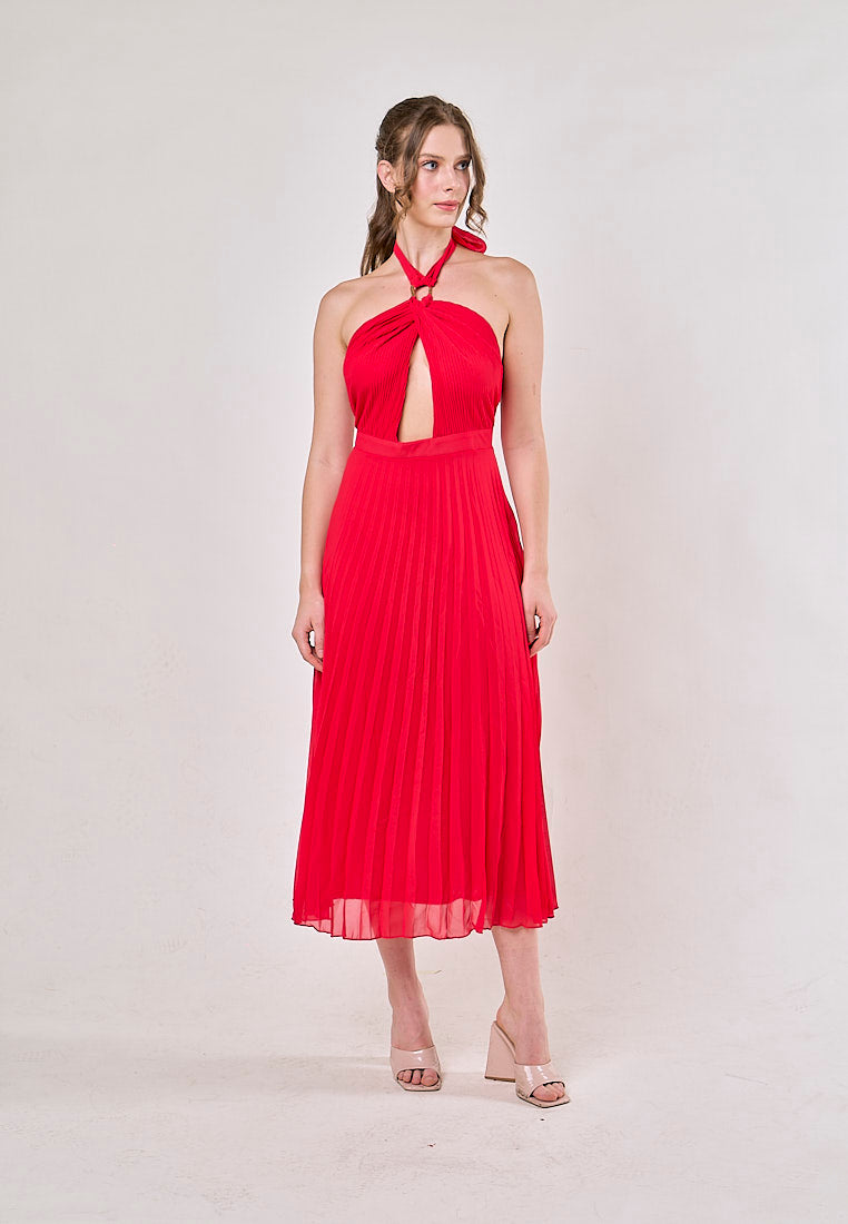 Brigid Red Halter Neck Pleated Midi Dress