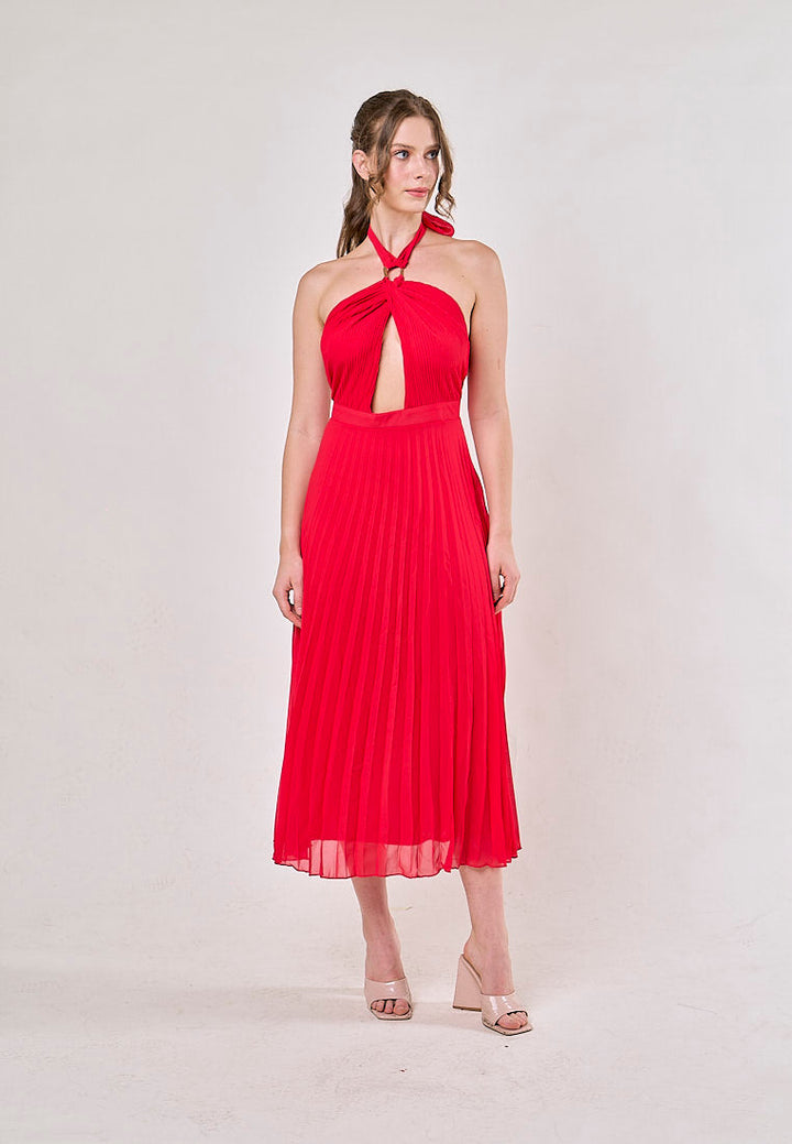 Brigid Red Halter Neck Pleated Midi Dress