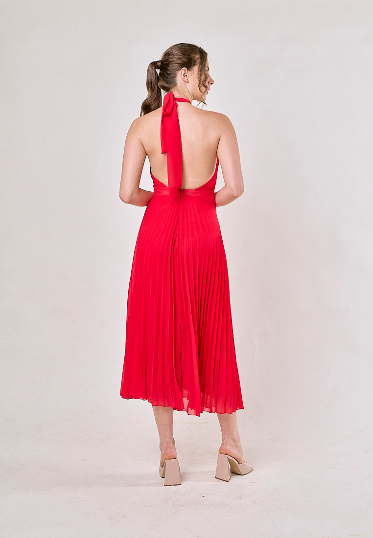 Brigid Red Halter Neck Pleated Midi Dress