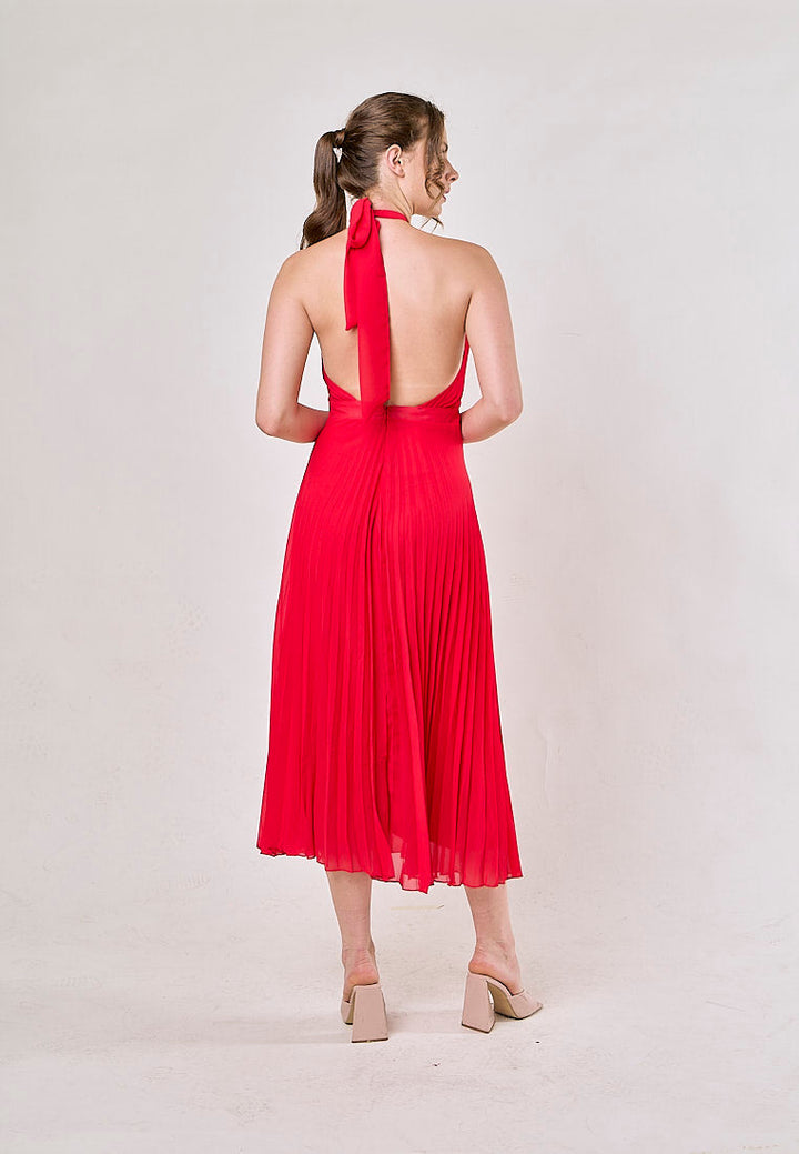 Brigid Red Halter Neck Pleated Midi Dress