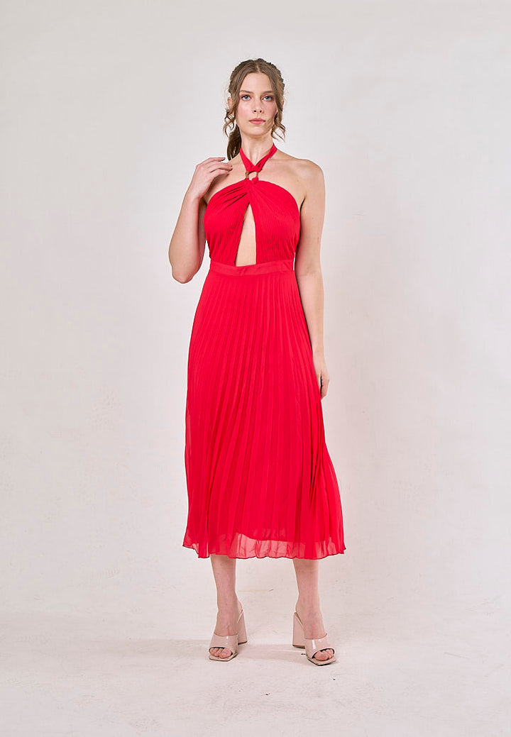 Brigid Red Halter Neck Pleated Midi Dress