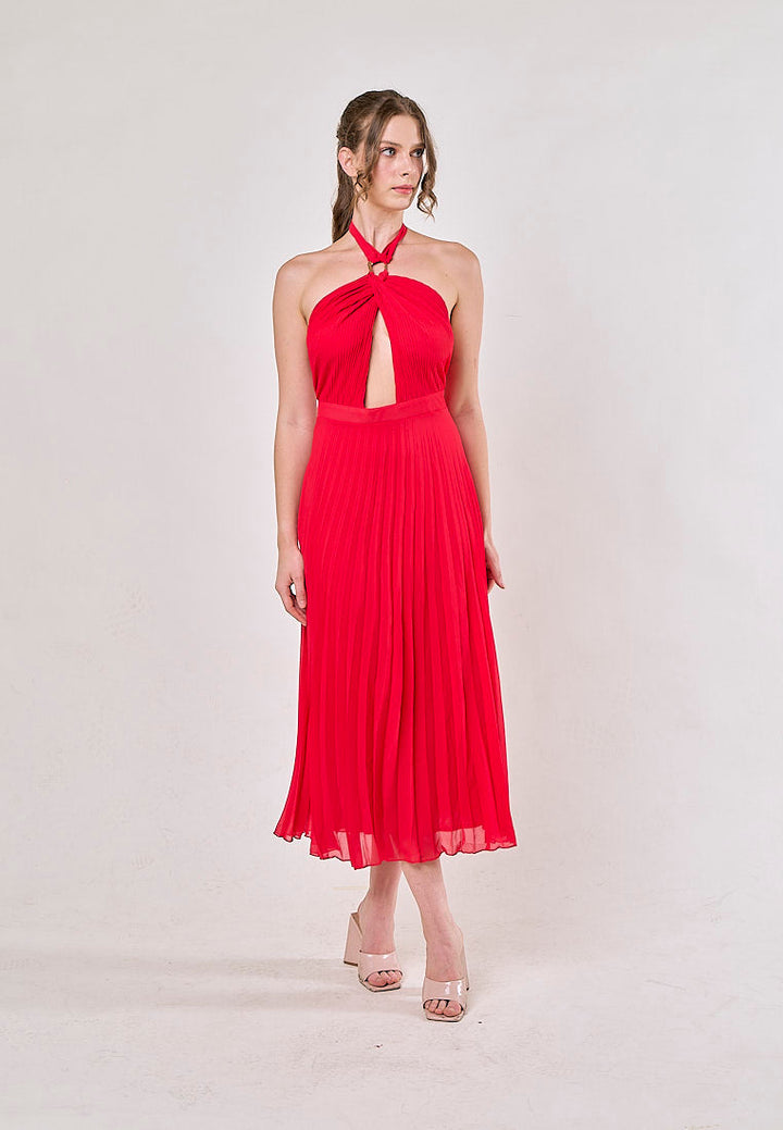 Brigid Red Halter Neck Pleated Midi Dress