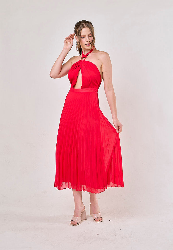 Brigid Red Halter Neck Pleated Midi Dress
