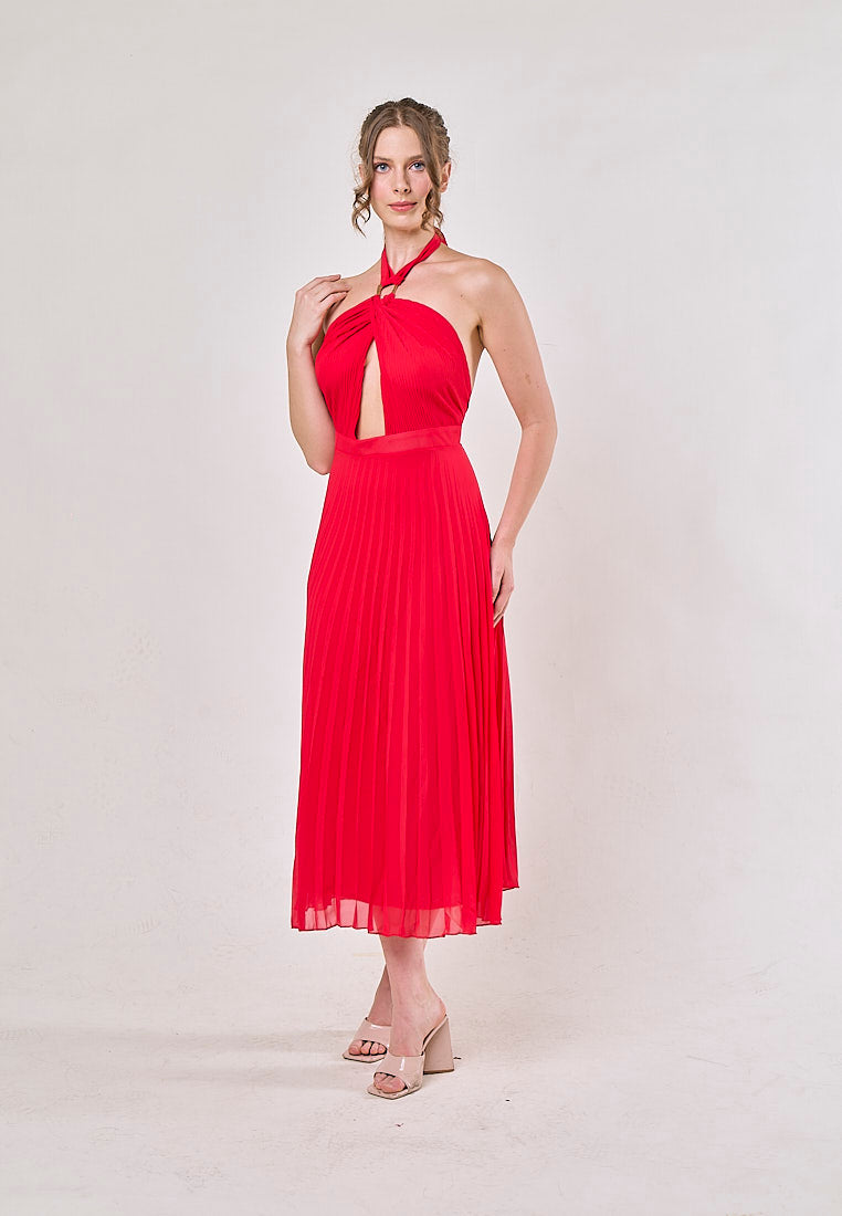 Brigid Red Halter Neck Pleated Midi Dress