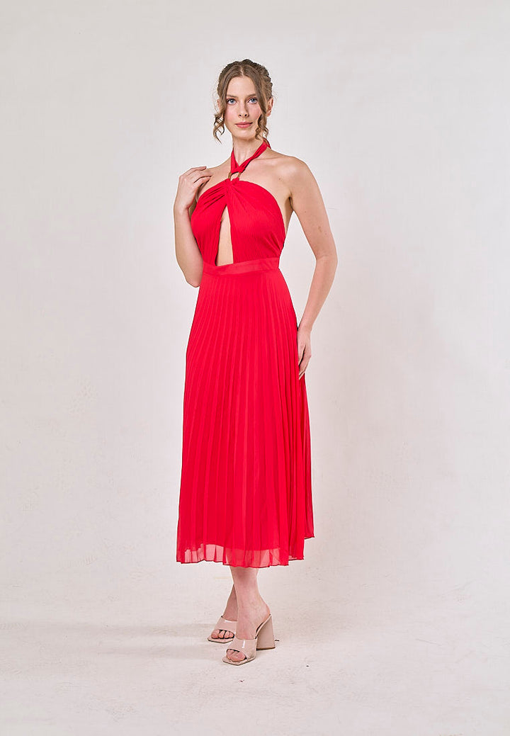Brigid Red Halter Neck Pleated Midi Dress