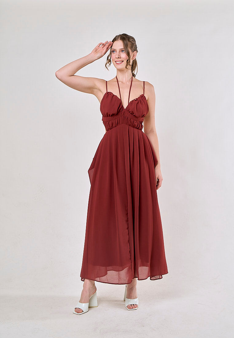Horus Red Hollow Out Lace Slim Casual Midi Dress