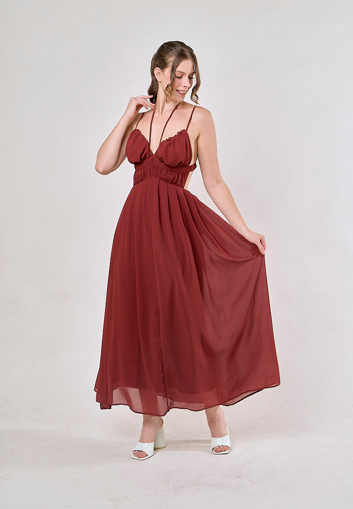 Horus Red Hollow Out Lace Slim Casual Midi Dress