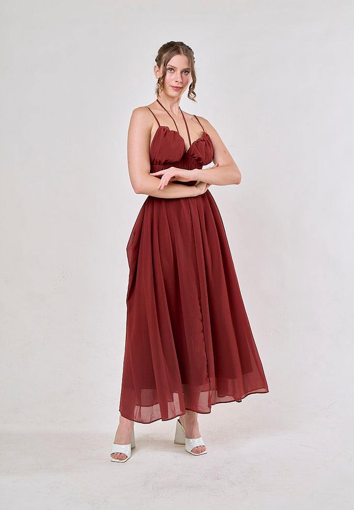 Horus Red Hollow Out Lace Slim Casual Midi Dress