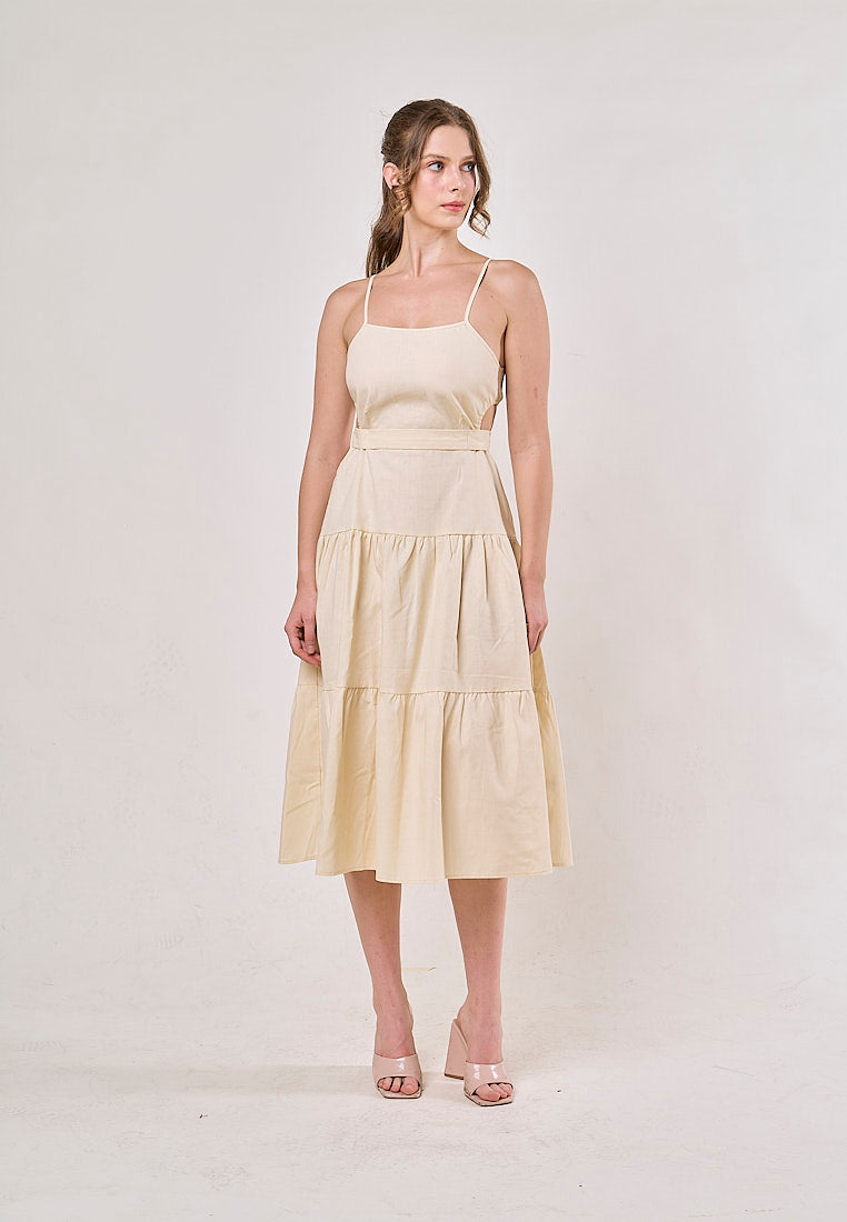 Galene Cream Back Hollow Out Bow Tie Spaghetti Strap Maxi Dress