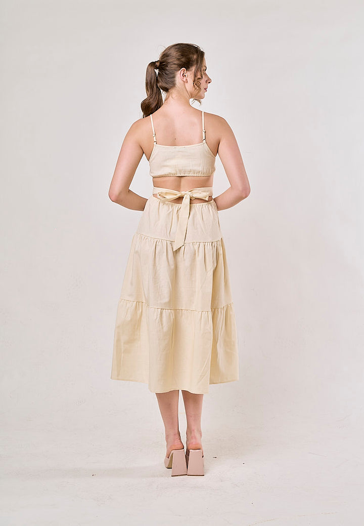 Galene Cream Back Hollow Out Bow Tie Spaghetti Strap Maxi Dress