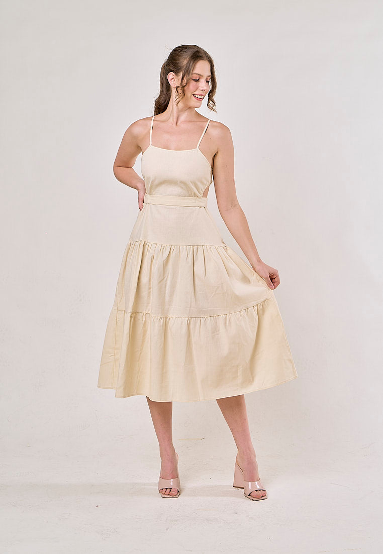 Galene Cream Back Hollow Out Bow Tie Spaghetti Strap Maxi Dress