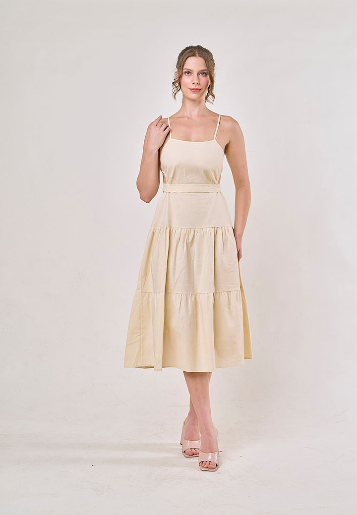 Galene Cream Back Hollow Out Bow Tie Spaghetti Strap Maxi Dress