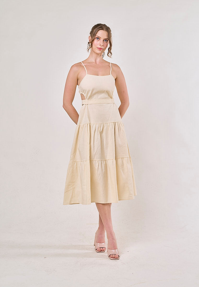 Galene Cream Back Hollow Out Bow Tie Spaghetti Strap Maxi Dress