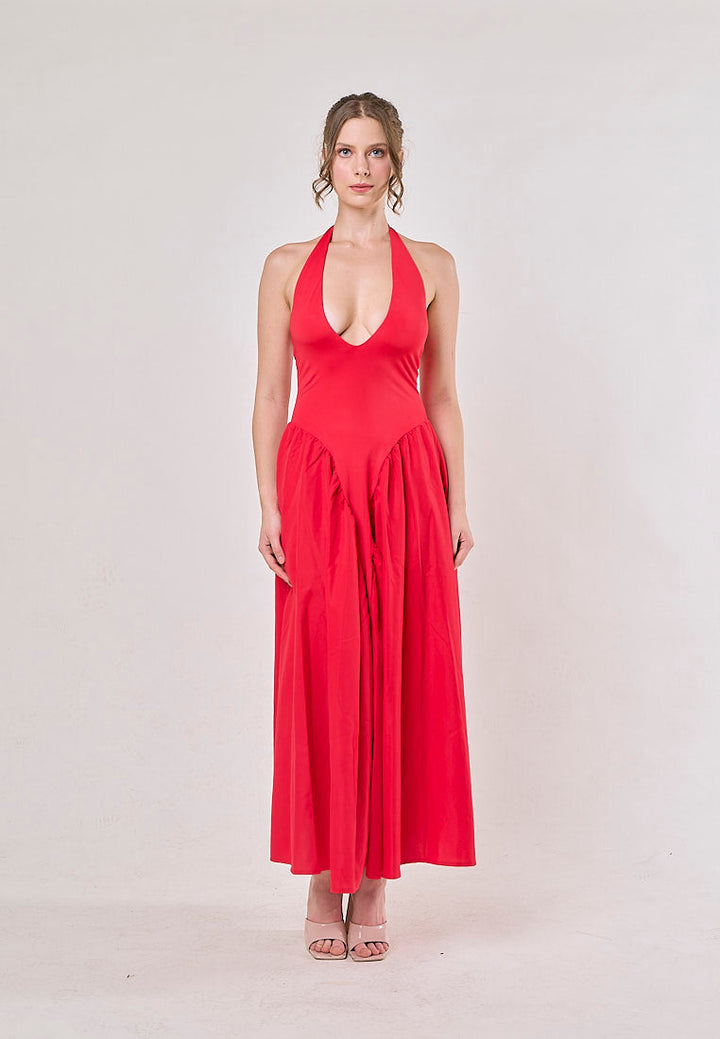 Dionysis Red Halter Neck  Pleated Midi Dress