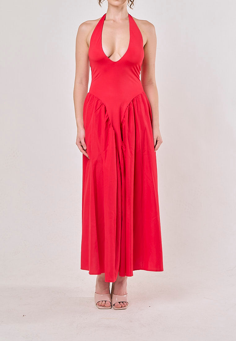Dionysis Red Halter Neck  Pleated Midi Dress