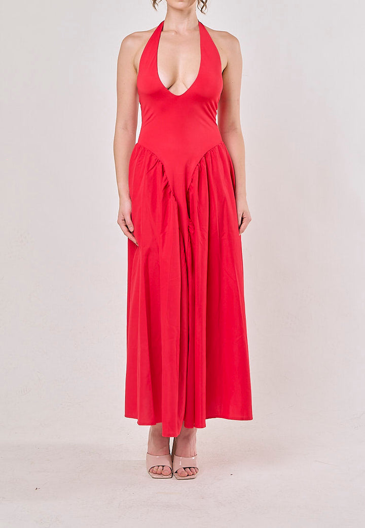 Dionysis Red Halter Neck  Pleated Midi Dress