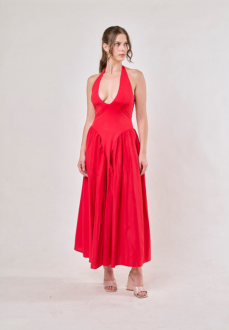 Dionysis Red Halter Neck  Pleated Midi Dress
