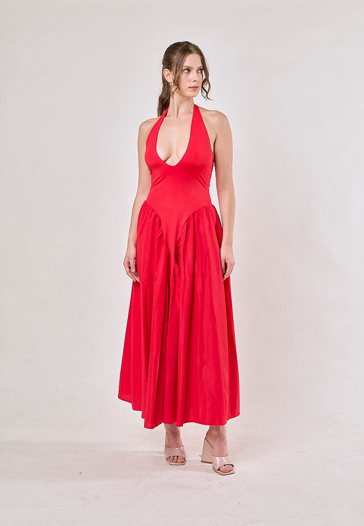 Dionysis Red Halter Neck  Pleated Midi Dress