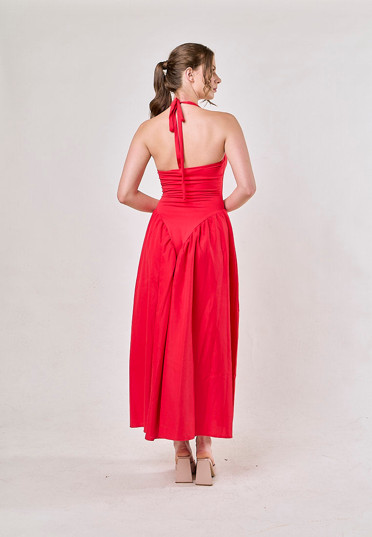 Dionysis Red Halter Neck  Pleated Midi Dress