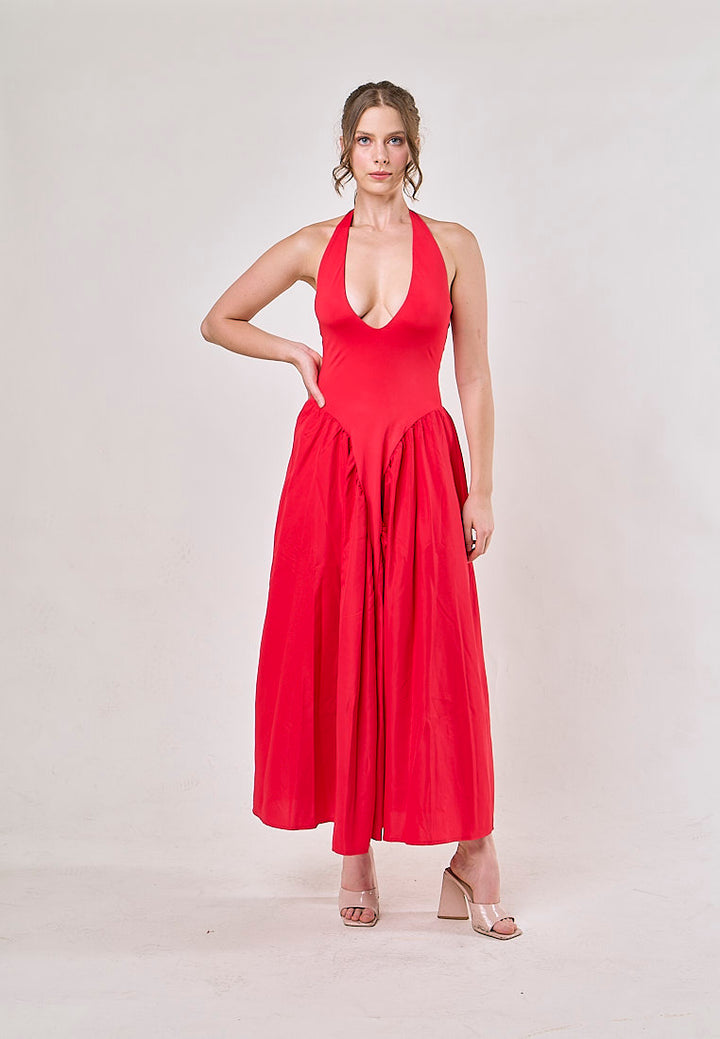 Dionysis Red Halter Neck  Pleated Midi Dress