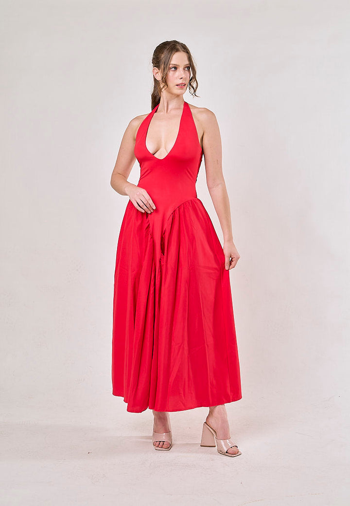 Dionysis Red Halter Neck  Pleated Midi Dress