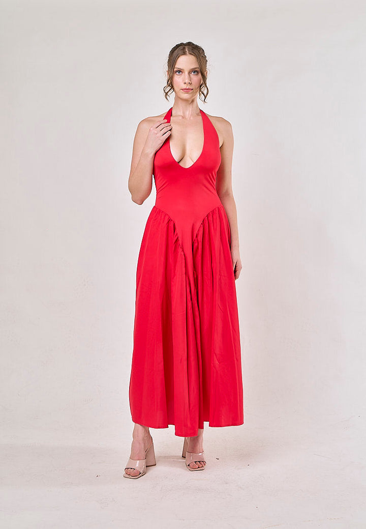 Dionysis Red Halter Neck  Pleated Midi Dress