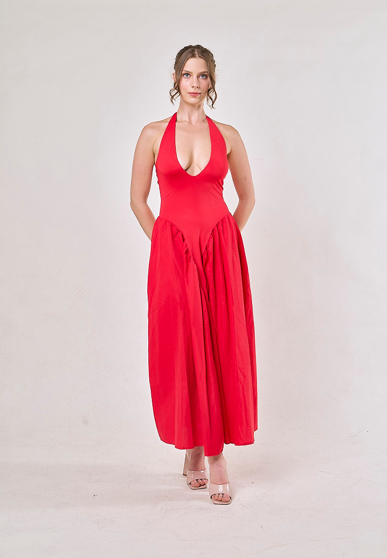 Dionysis Red Halter Neck  Pleated Midi Dress