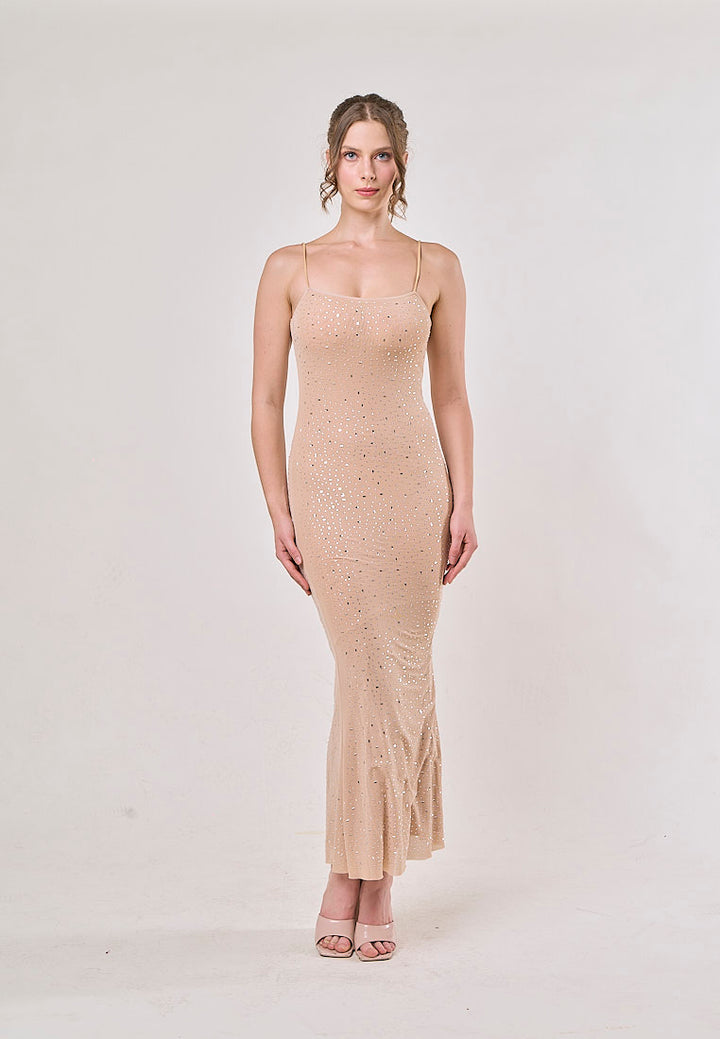 Aadhya Apricot Sleeveless Rhinestone Maxi Dress