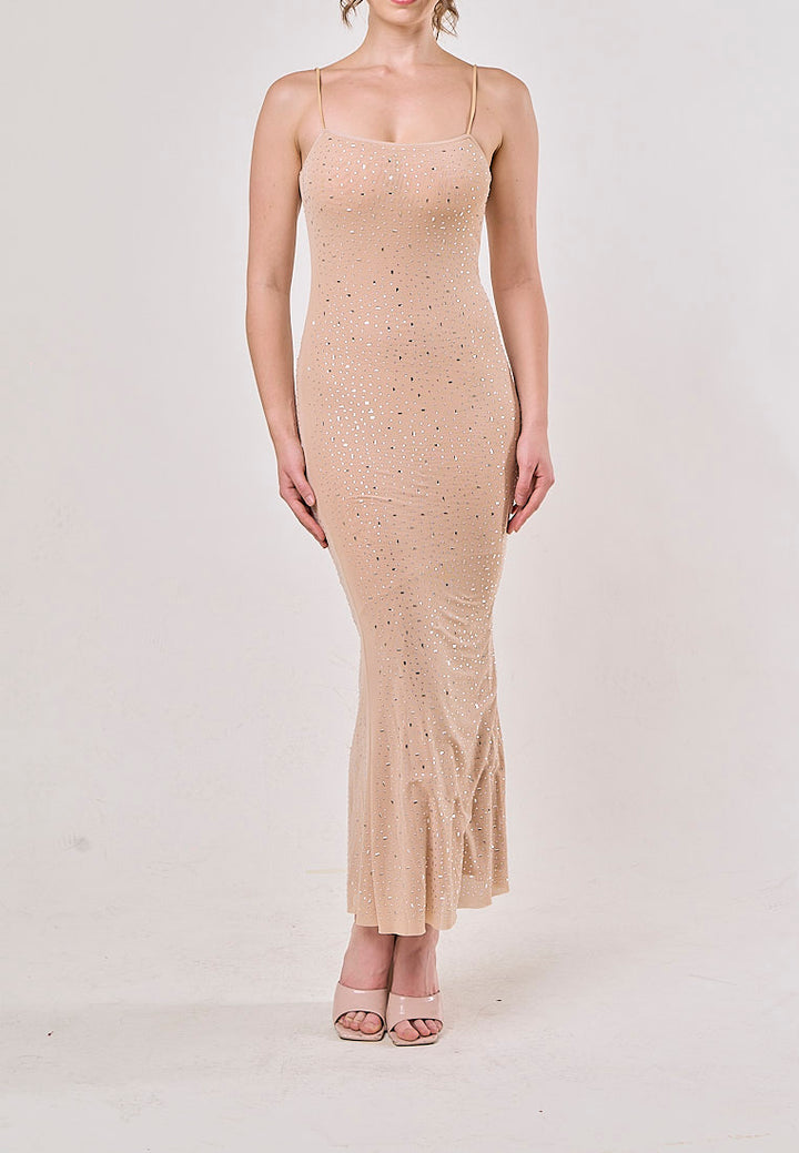 Aadhya Apricot Sleeveless Rhinestone Maxi Dress