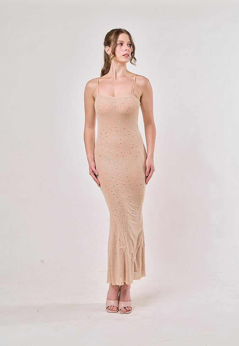 Aadhya Apricot Sleeveless Rhinestone Maxi Dress