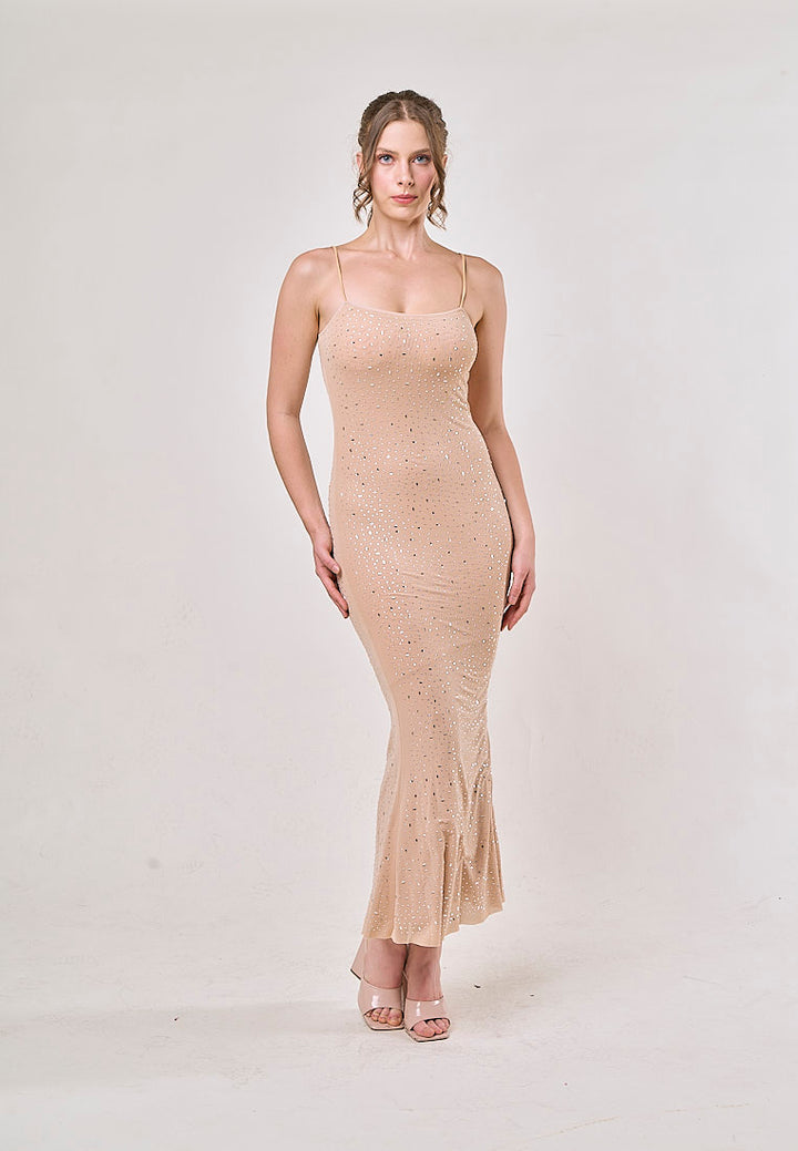 Aadhya Apricot Sleeveless Rhinestone Maxi Dress