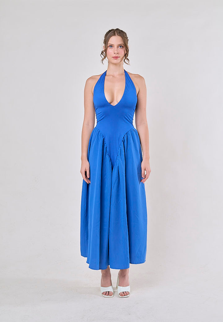 Dionysis Blue Halter Neck  Pleated Midi Dress