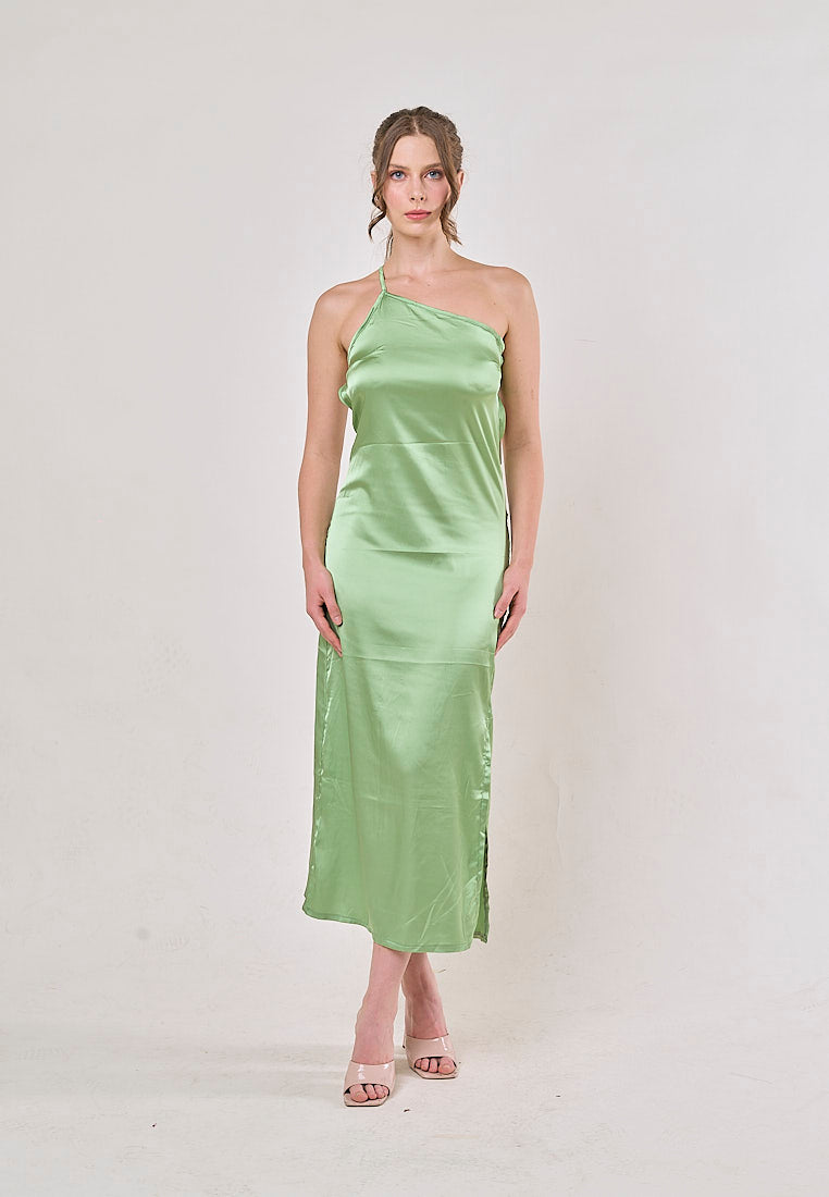 Sequoia Green Asymmetrical Shoulder with Slit Maxi Dress