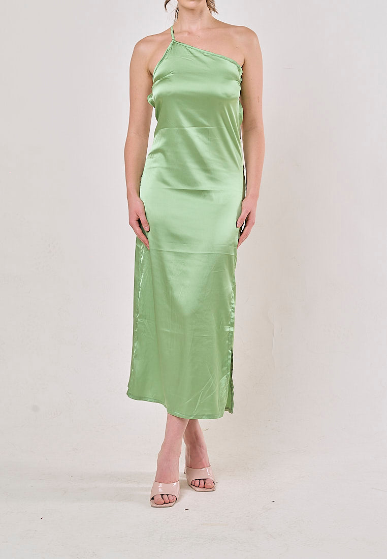 Sequoia Green Asymmetrical Shoulder with Slit Maxi Dress
